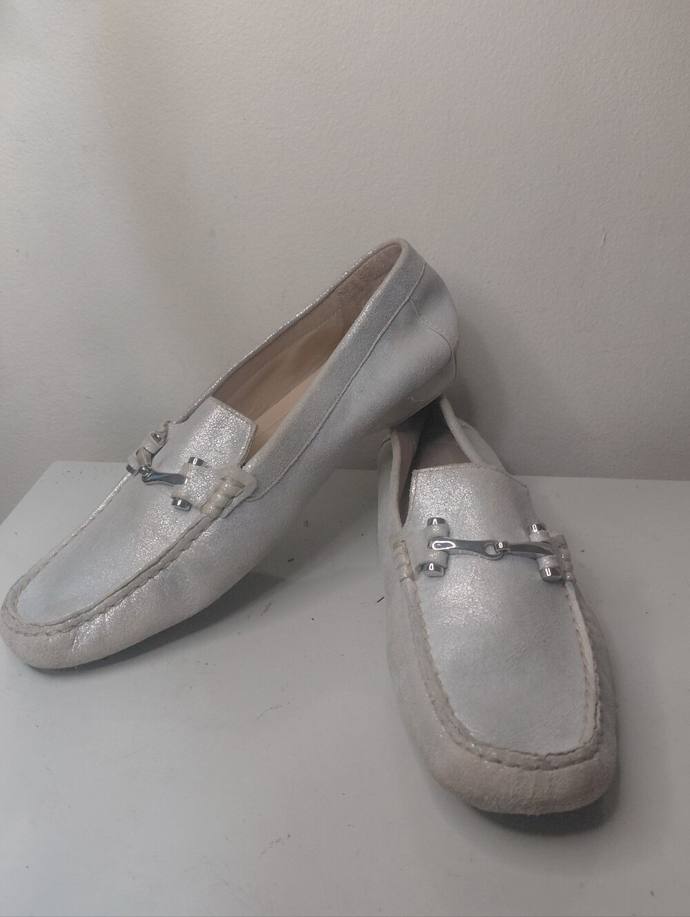 Donald J. Pliner Metallic Silver Leather Bit Loafers Women's Size 10